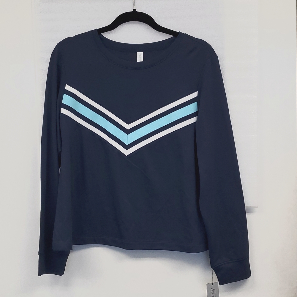 Ideology Navy Crewneck Varsity Stripe Top L NWT
